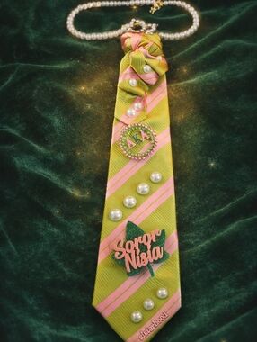 AKA Inspired Green and Pink Decorative Tie Necklace by
